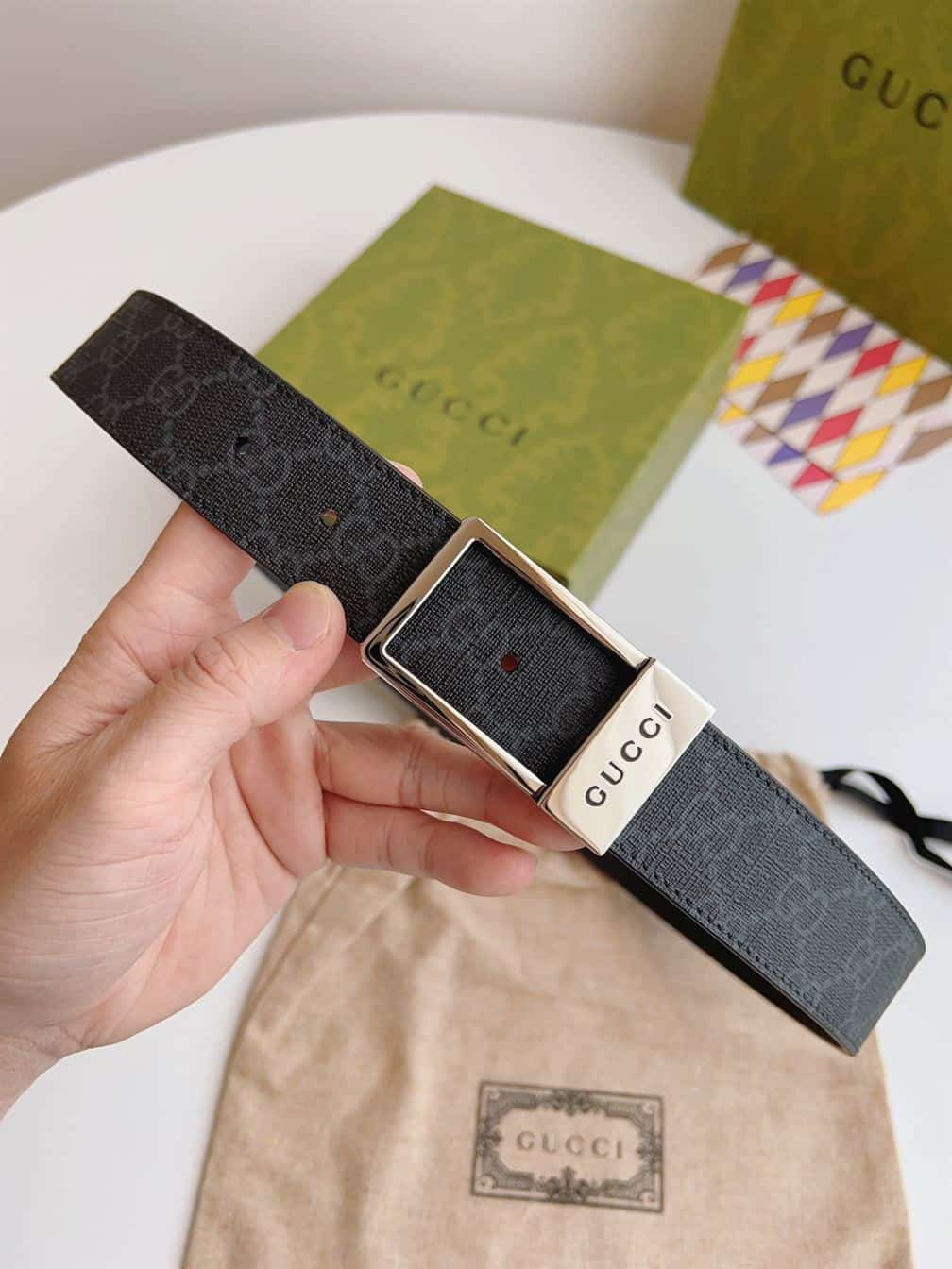 GUCCI GG BELT WITH RECTANGULAR BUCKLE – GB042