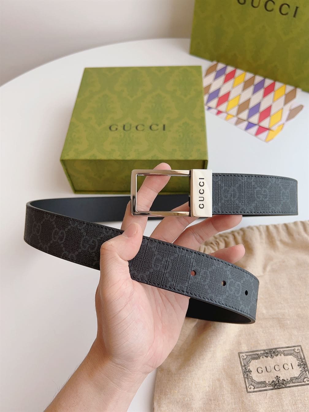 GUCCI GG BELT WITH RECTANGULAR BUCKLE – GB042