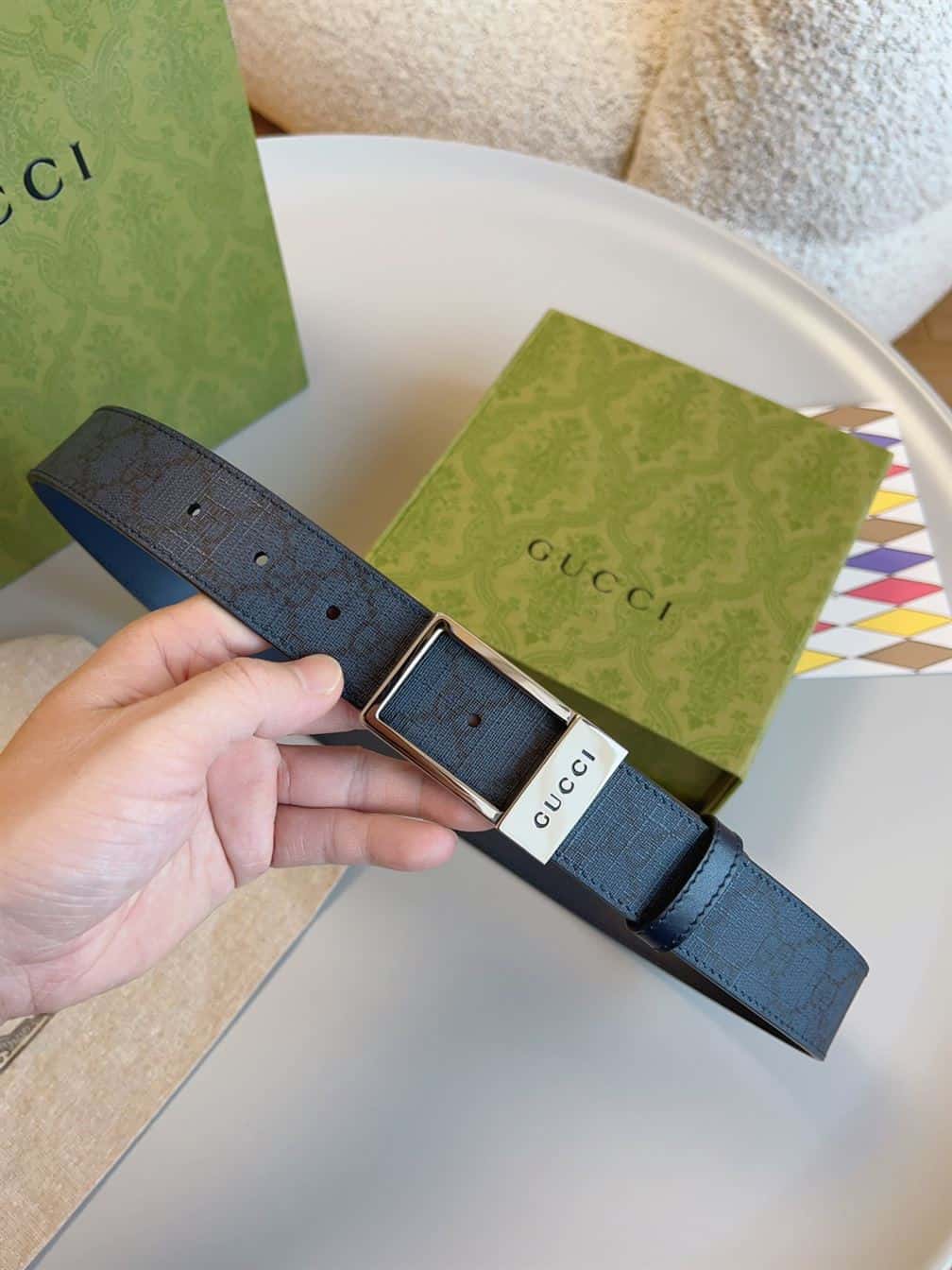GUCCI GG BELT WITH RECTANGULAR BUCKLE – GB043