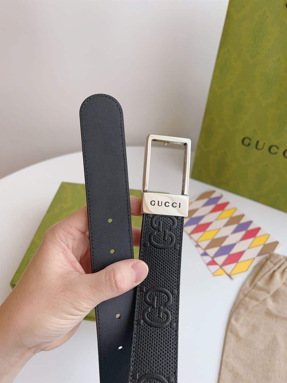 GUCCI GG BELT WITH RECTANGULAR BUCKLE – GB044