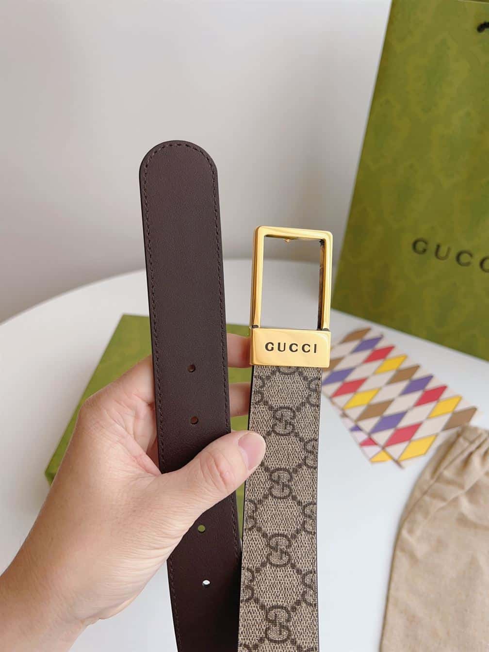 GUCCI GG BELT WITH RECTANGULAR BUCKLE – GB045